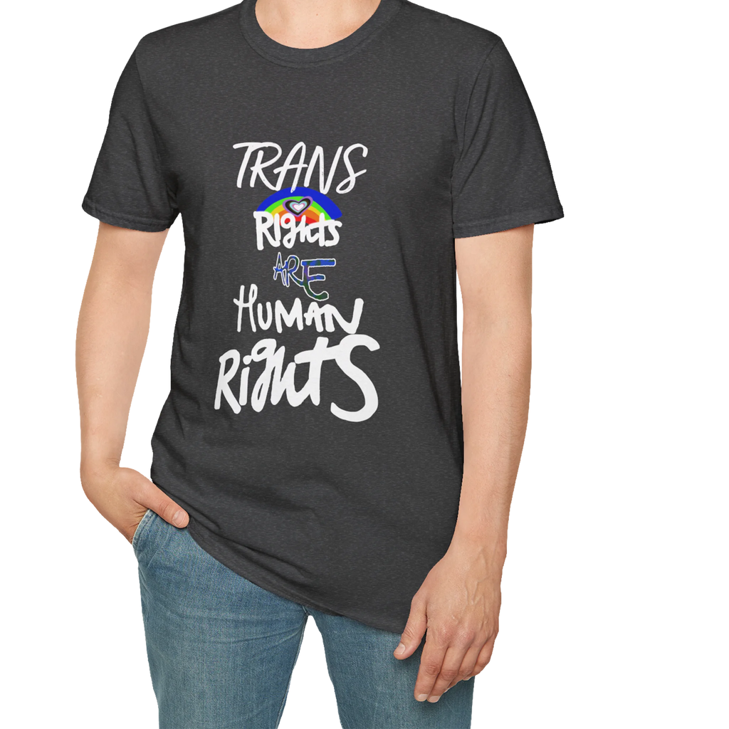 A person wearing the dark heather Trans Rights Are Human Rights T-Shirt — hand-lettered rainbow graphic, front preview — LGBTQ pride tee.