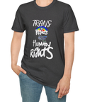 A person wearing the dark heather Trans Rights Are Human Rights T-Shirt — hand-lettered rainbow graphic, front preview — LGBTQ pride tee.