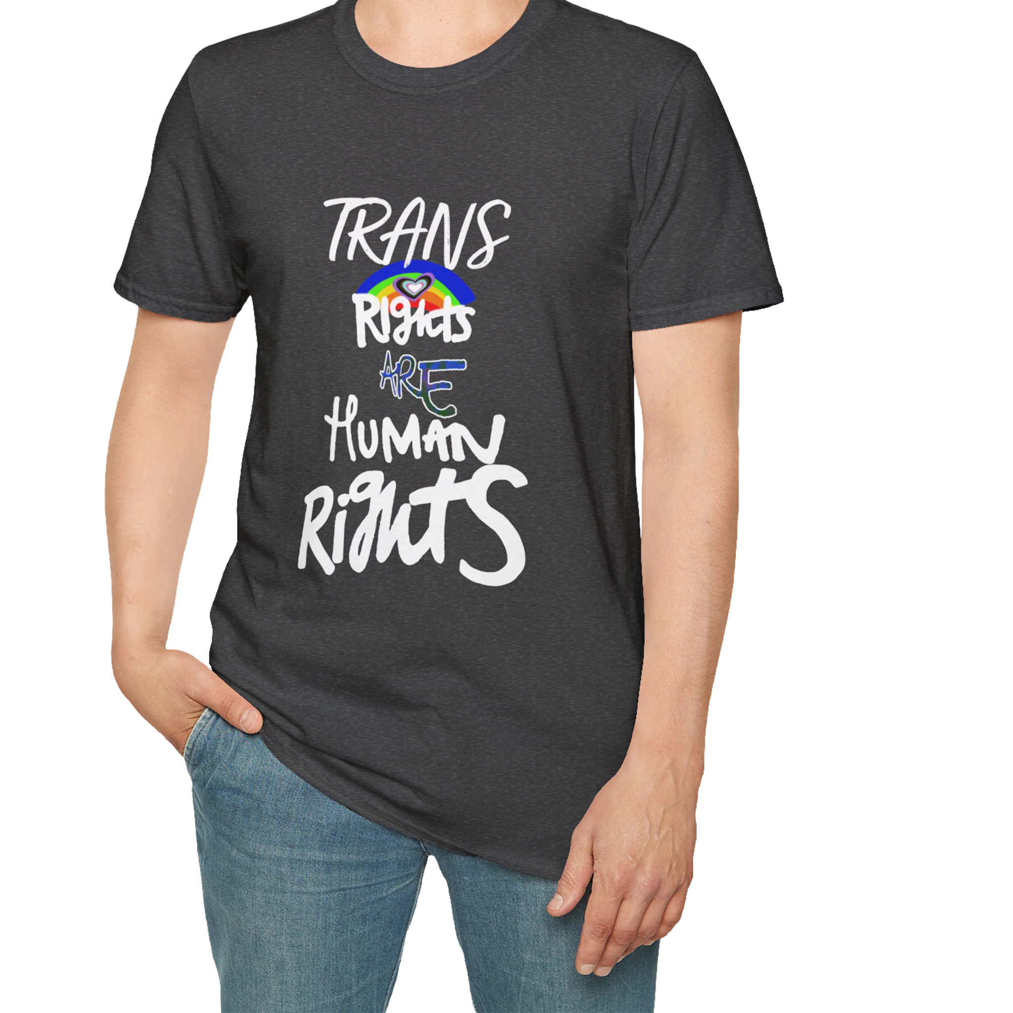A person wearing the dark heather Trans Rights Are Human Rights T-Shirt — hand-lettered rainbow graphic, front preview — LGBTQ pride tee.