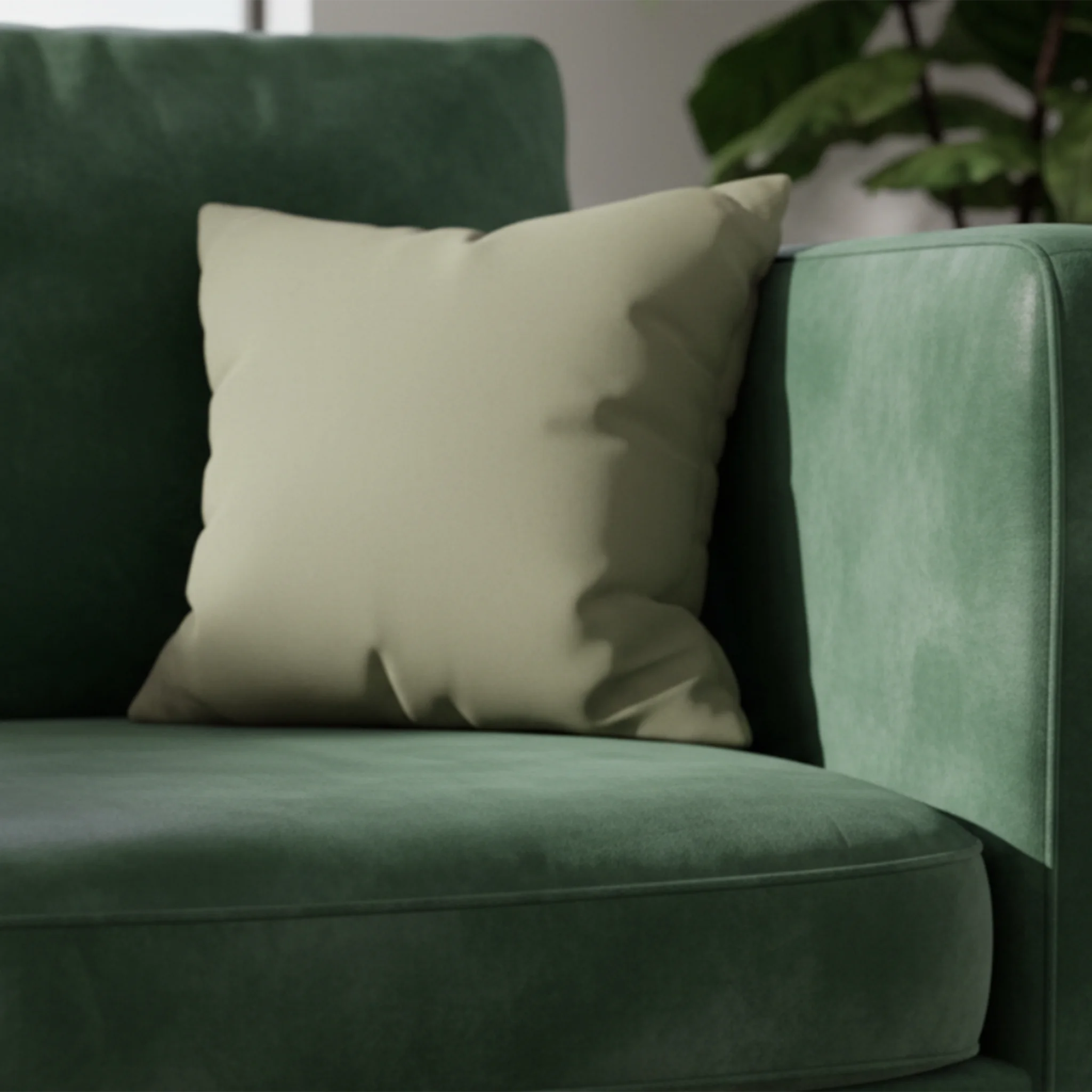 Dark Neutral Wood faux suede pillow case styled on a couch in a modern living room.