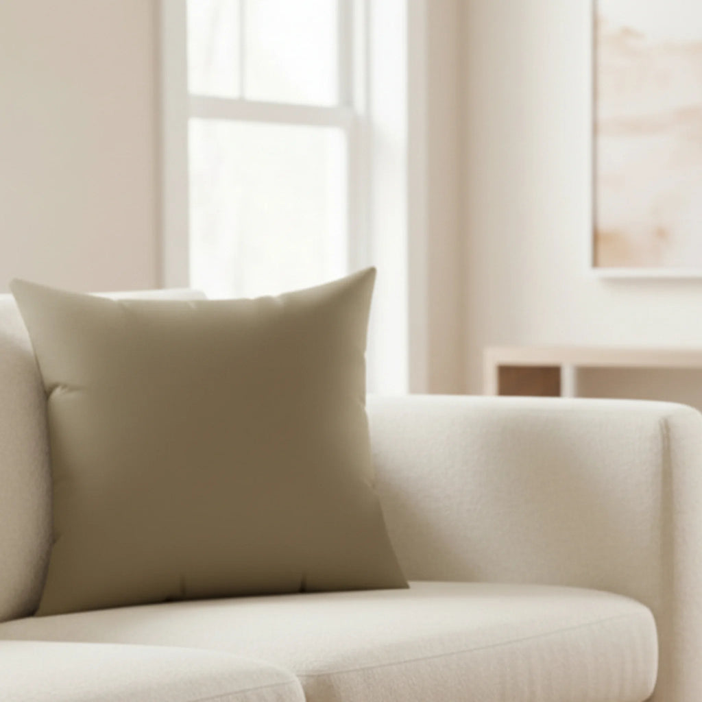 Dark neutral wood faux suede pillow styled on sofa, rich creamy, dark brown home decor.