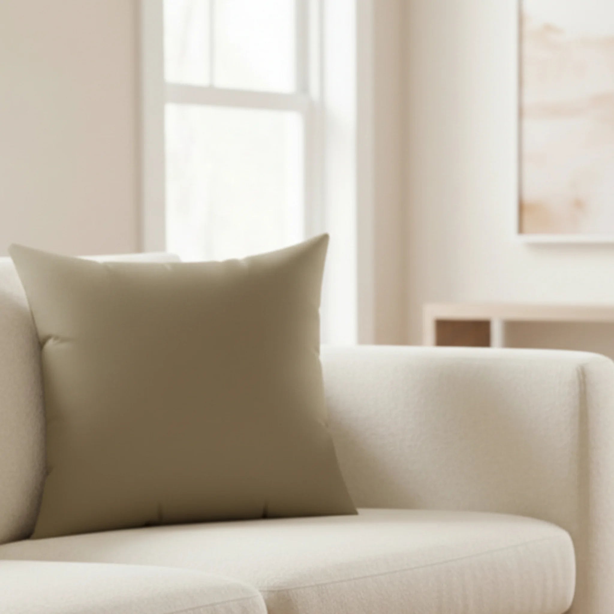 Dark neutral wood faux suede pillow styled on sofa, rich creamy, dark brown home decor.