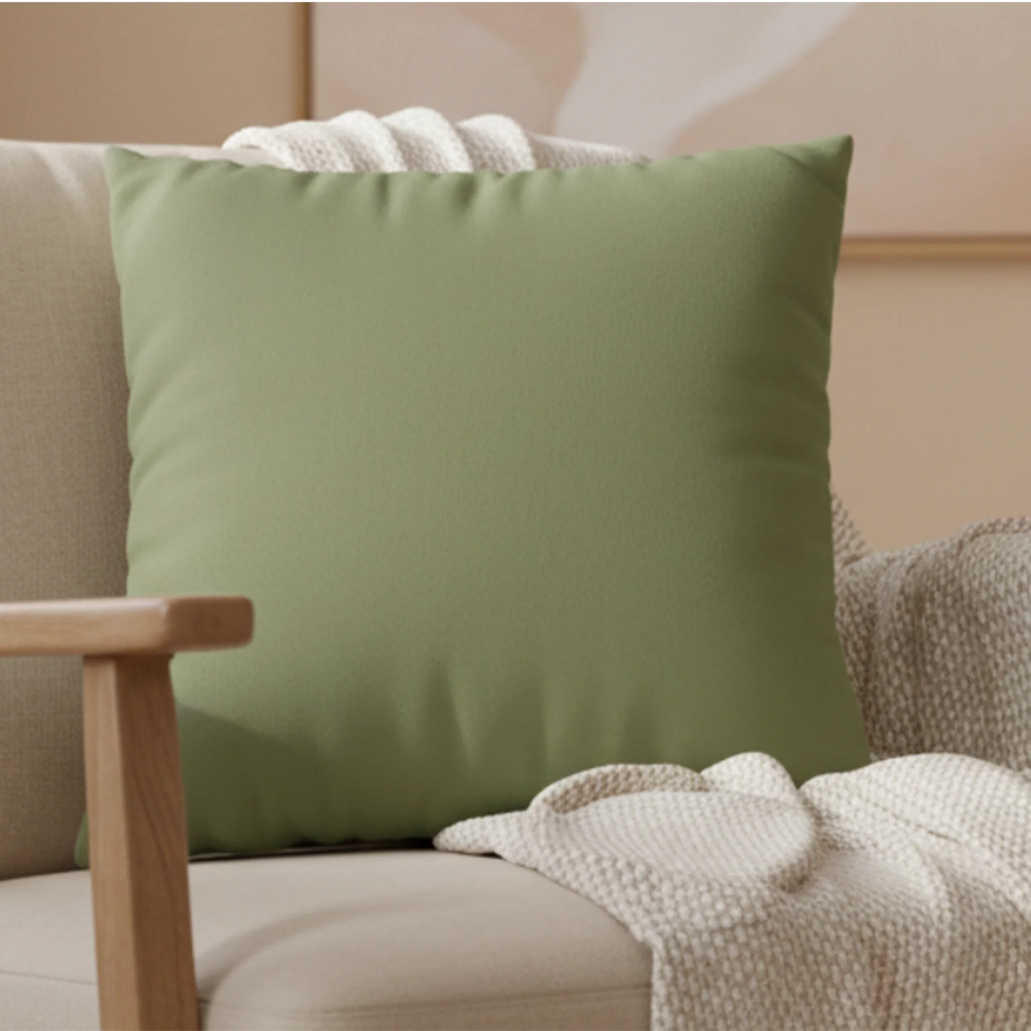 Dark Sage faux suede pillow case styled on a cushioned wooden armchair in a modern living room. 