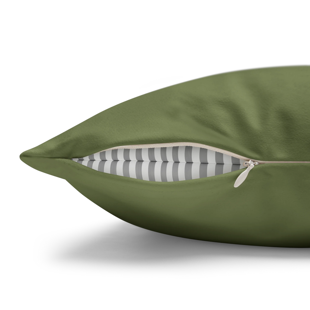 Dark Sage faux suede pillow case, zipper view.