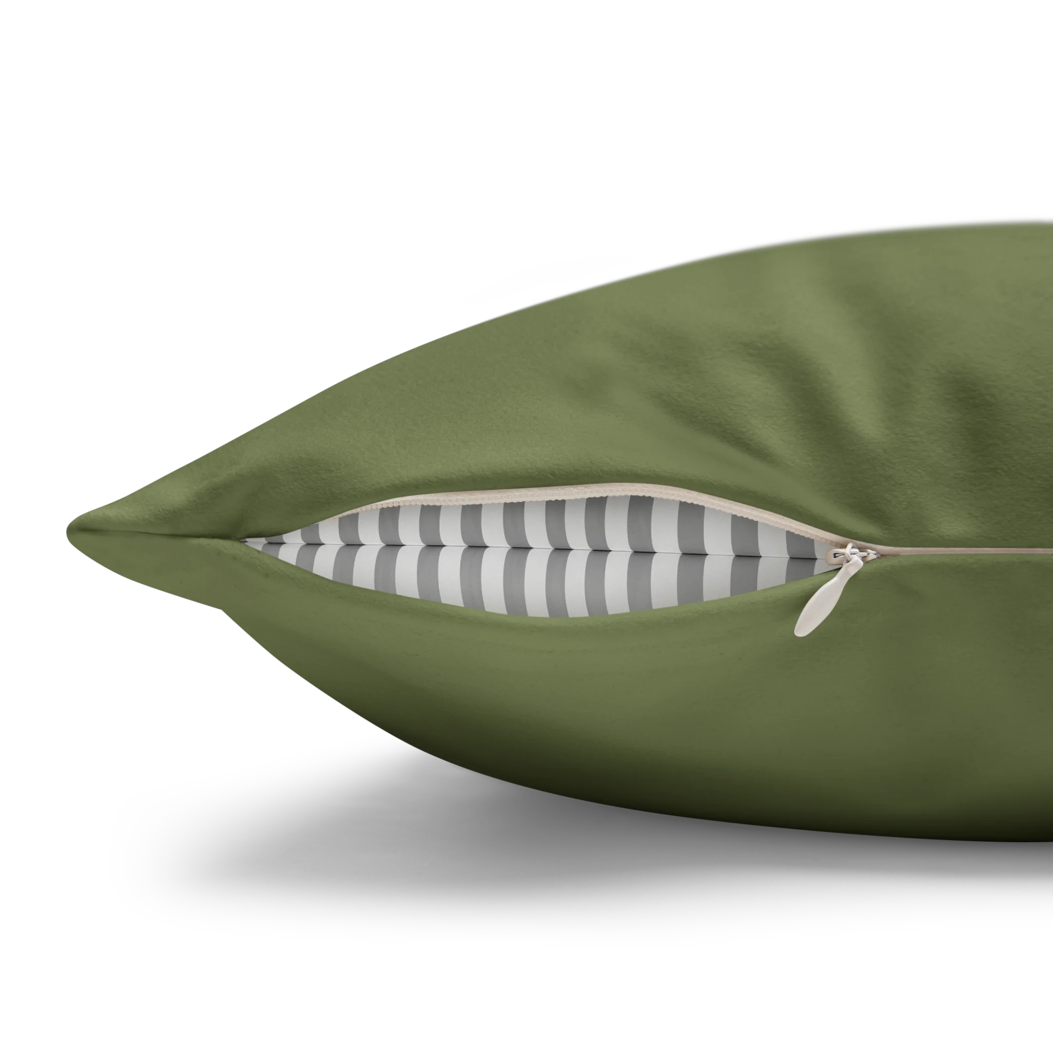 Dark Sage faux suede pillow case, zipper view.