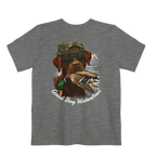 A deep heather t-shirt featuring the Good Boy Waterfowl graphic of a chocolate Labrador wearing sunglasses and a camo snapback, holding a mallard duck, with a watercolor outdoor scene and 'Good Boy Waterfowl' script below.