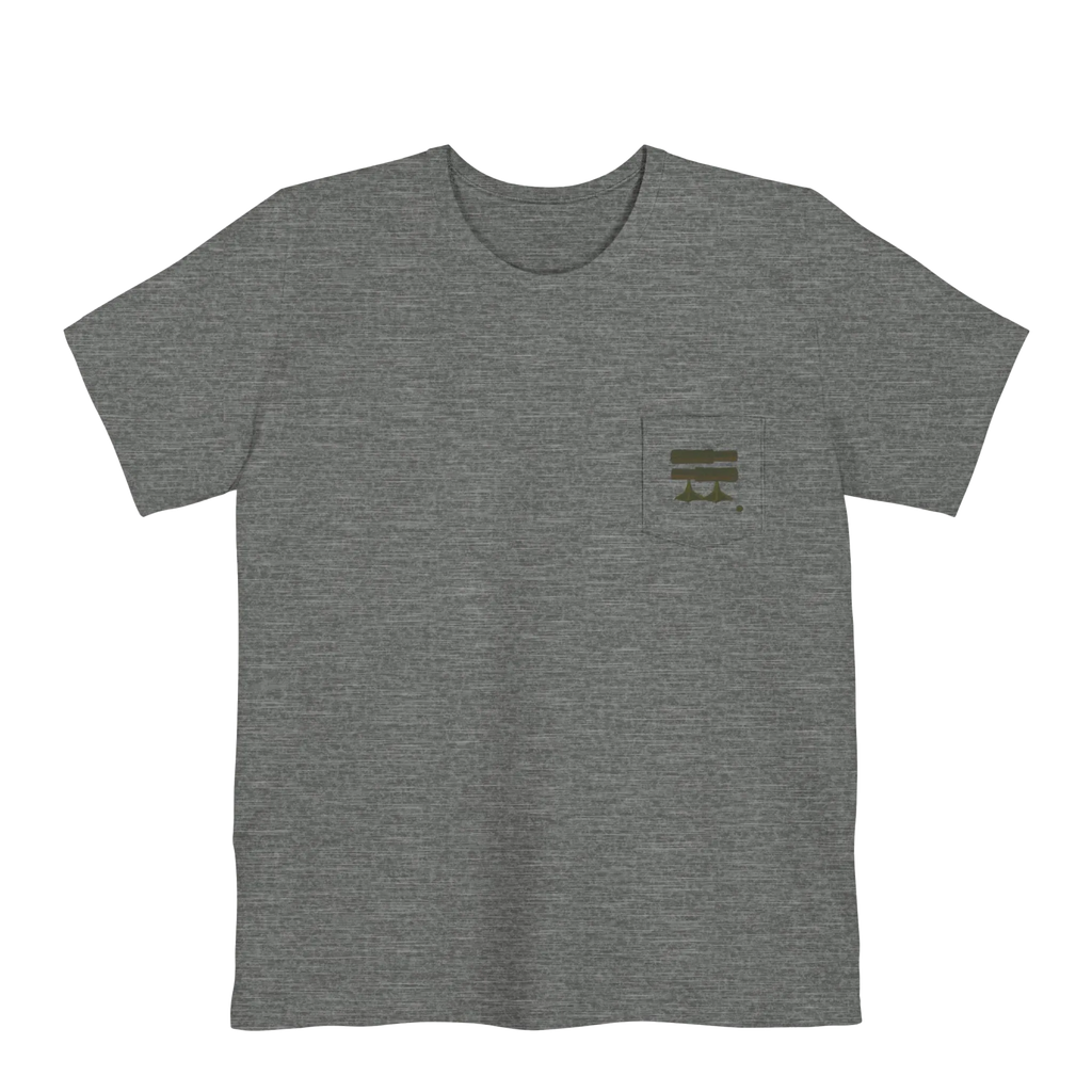A deep heather Old Skool Camo Duck Hunting Retriever Classic Pocket T-Shirt that shows a FREEBRD duck hunter logo decal with two duck calls, mallard duck feet and a shotgun shell casing on the left front pocket.