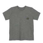 A deep heather Old Skool Camo Duck Hunting Retriever Classic Pocket T-Shirt that shows a FREEBRD duck hunter logo decal with two duck calls, mallard duck feet and a shotgun shell casing on the left front pocket.