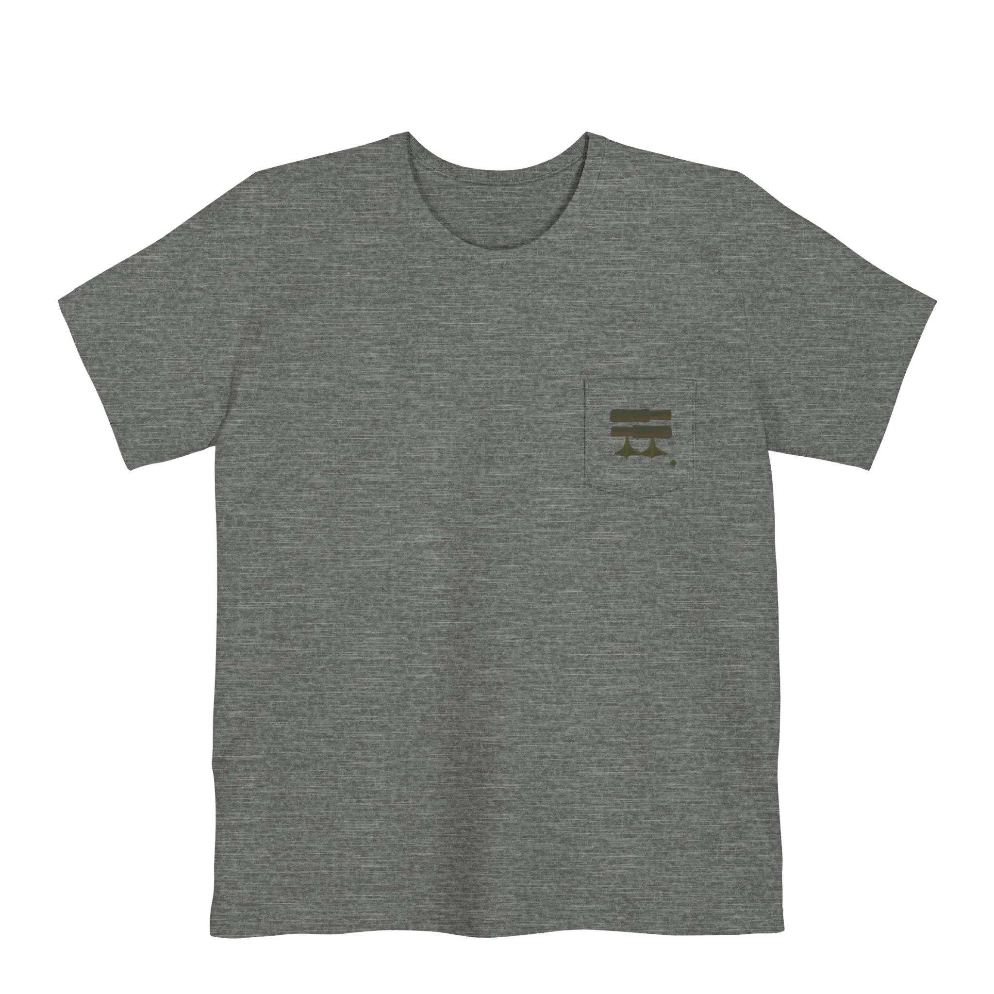 A deep heather Old Skool Camo Duck Hunting Retriever Classic Pocket T-Shirt that shows a FREEBRD duck hunter logo decal with two duck calls, mallard duck feet and a shotgun shell casing on the left front pocket.