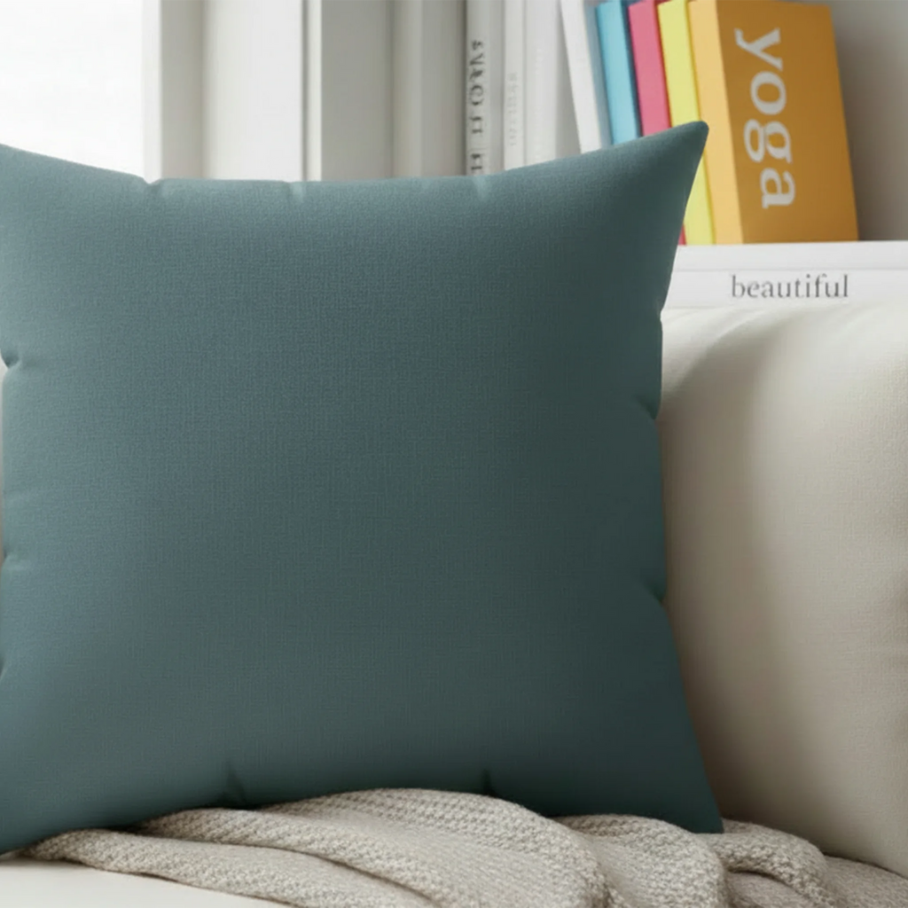 Deep space teal faux suede pillow styled on sofa, moody dark teal home decor.