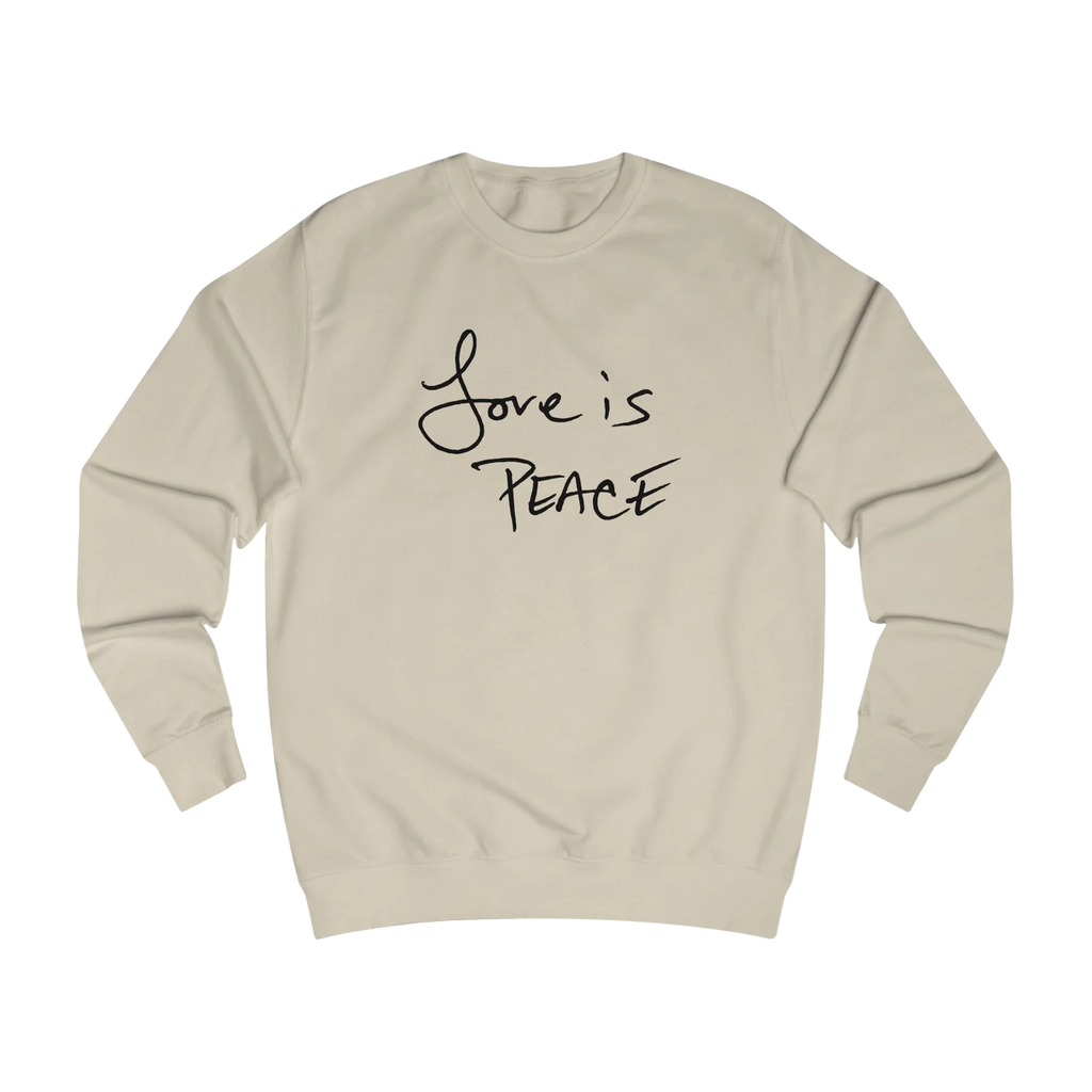 Desert Sand Love is Peace crewneck sweatshirt, handwritten Love is Peace graphic, crew neck, front view.