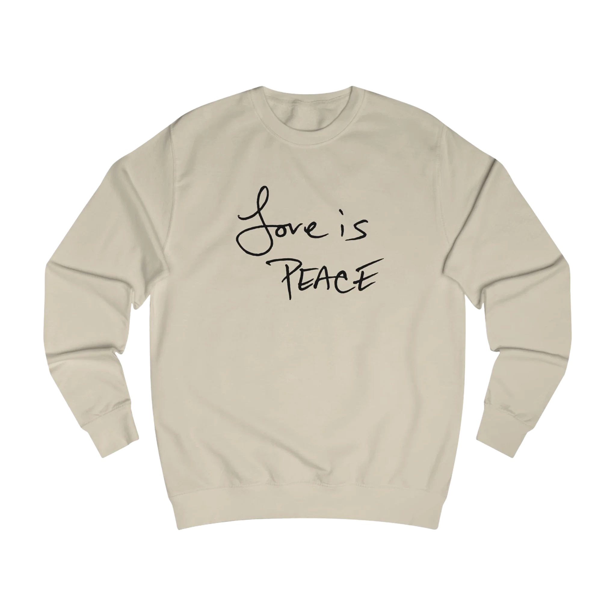 Desert Sand Love is Peace crewneck sweatshirt, black print, front view.