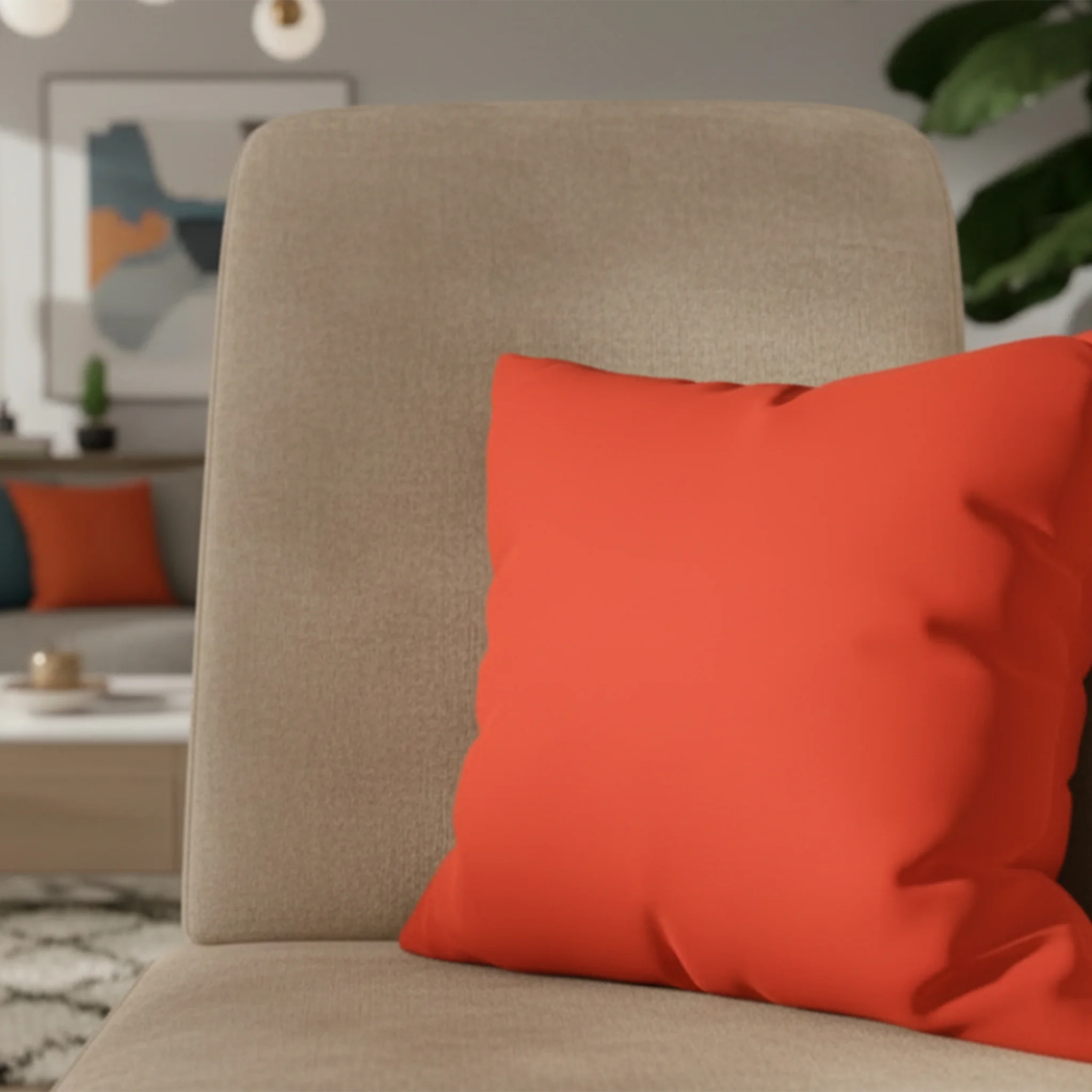Dragon fire red faux suede pillow case styled on a modern sofa chair in a living room.