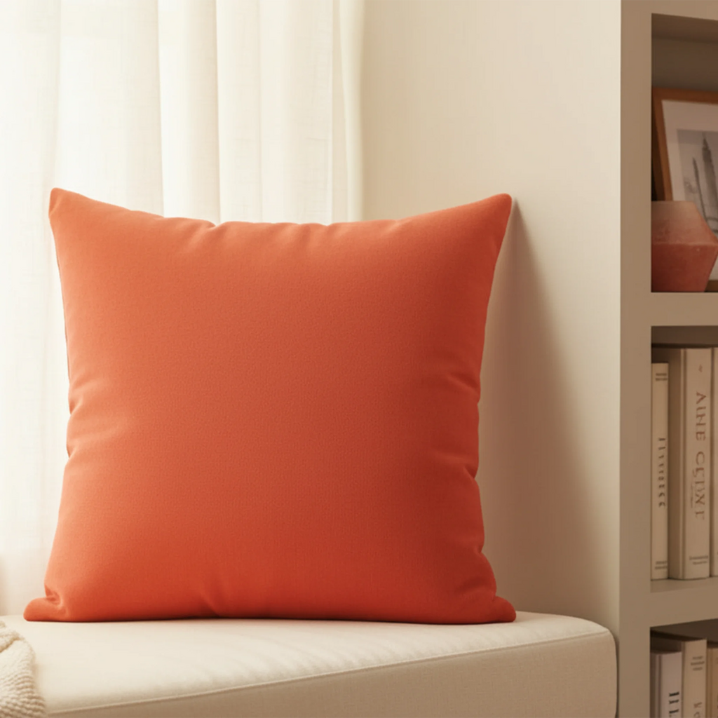 Dragon fire red faux suede pillow styled in a reading nook, bold red home decor.