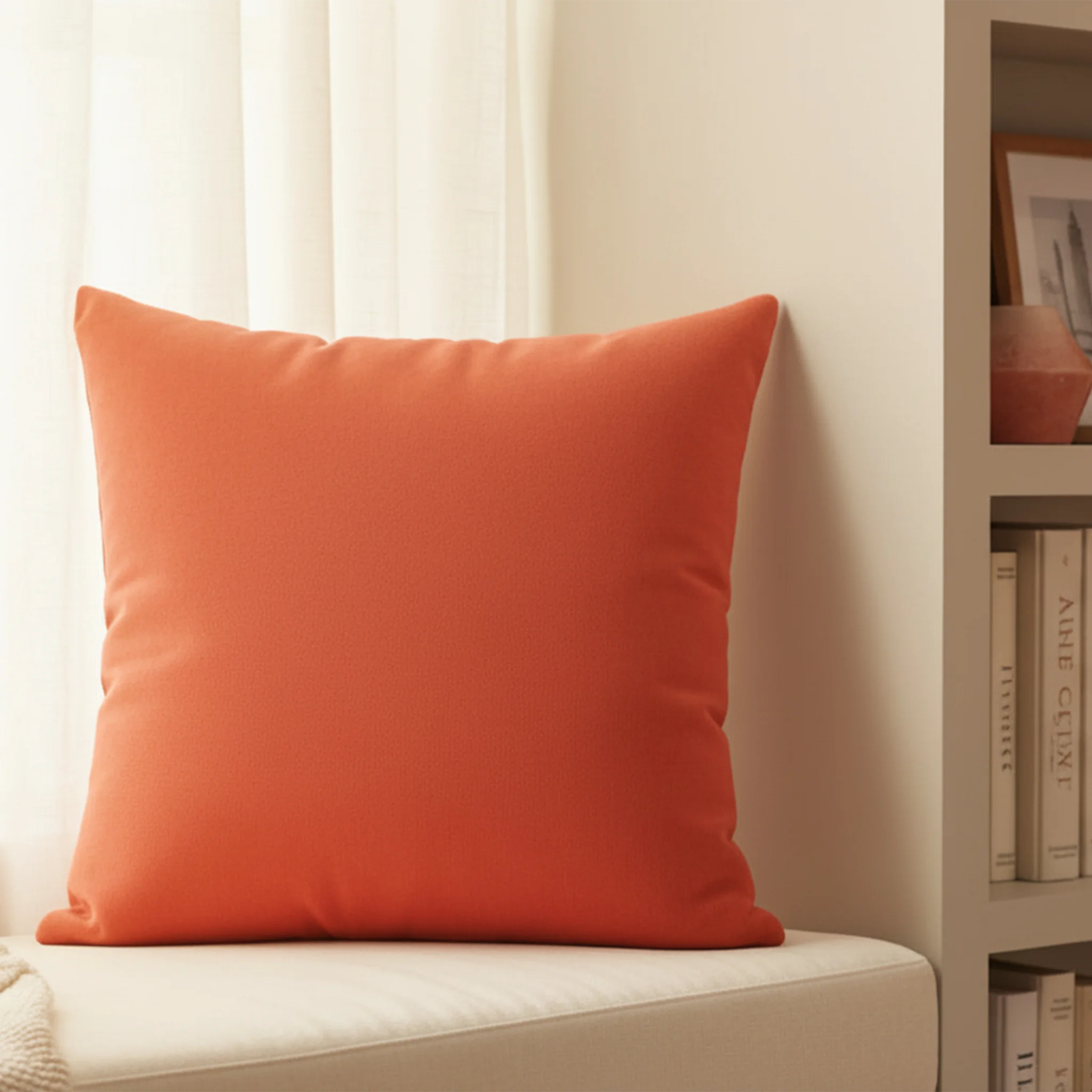 Dragon fire red faux suede pillow styled in a reading nook, bold red home decor.