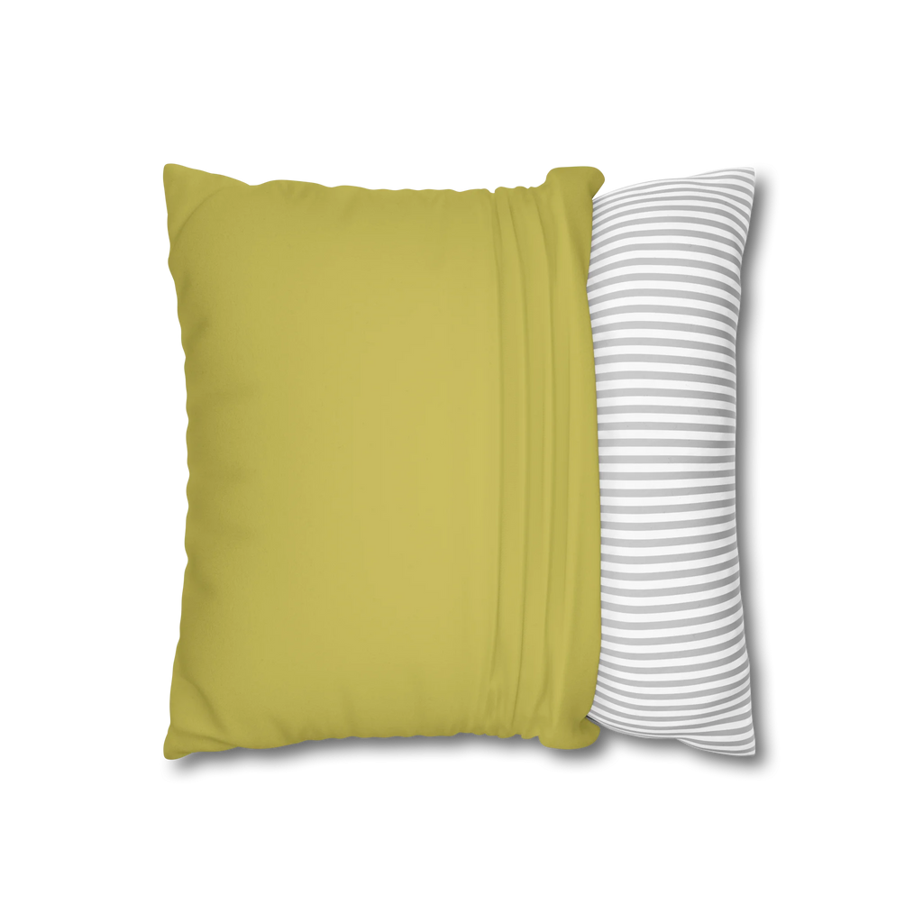 Dull gold yellow faux suede pillow case, open view.