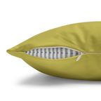 Dull gold yellow faux suede pillow case, zipper view.