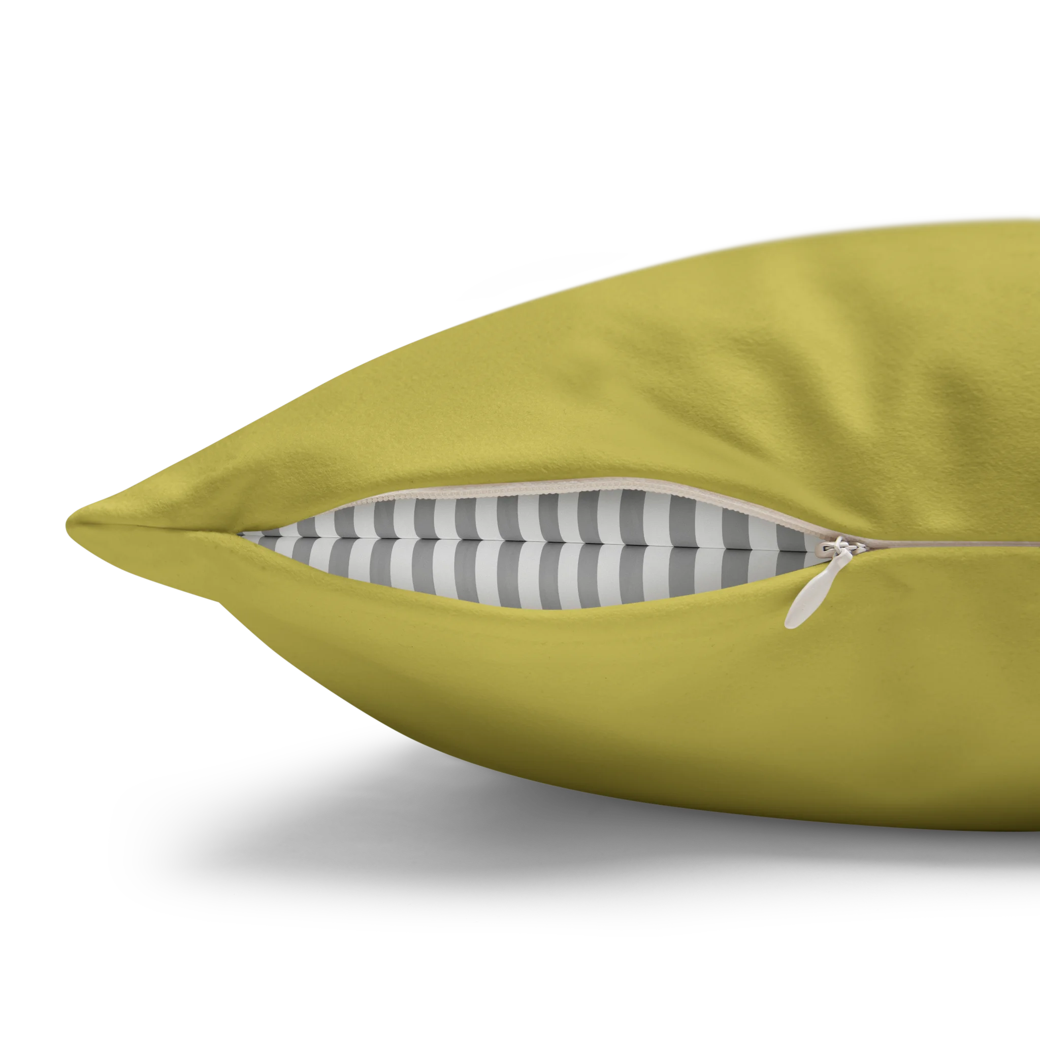 Dull gold yellow faux suede pillow case, zipper view.