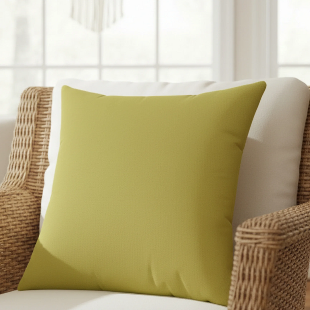 Dull gold yellow faux suede pillow styled on sofa, muted chartreuse mid-century home decor.