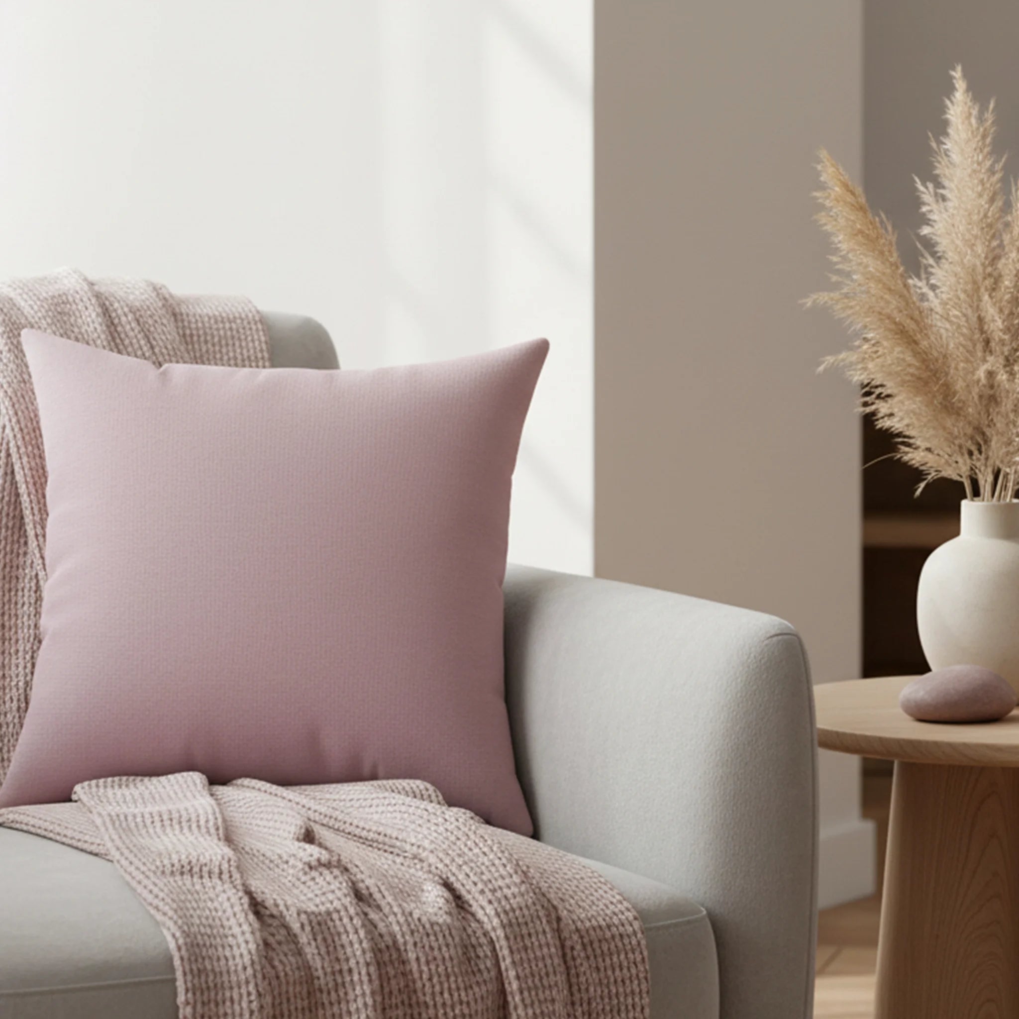 Dusty calla Lilly faux suede pillow styled on a grey sofa with chunky knit throw and pampas grass, lifestyle.