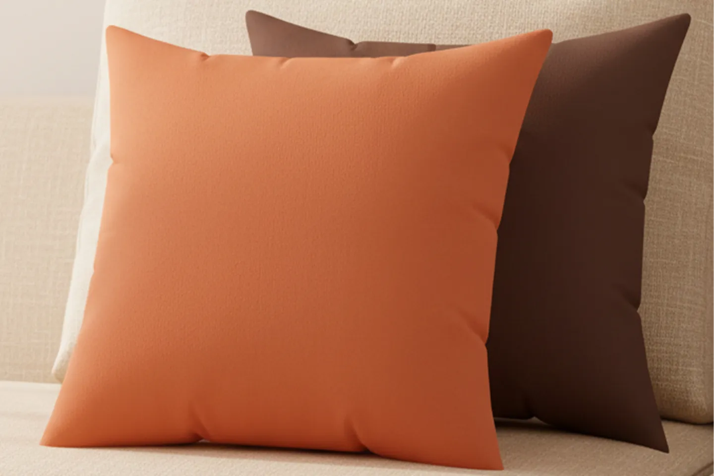 Dusty orange and saddle brown faux suede throw pillows styled together.