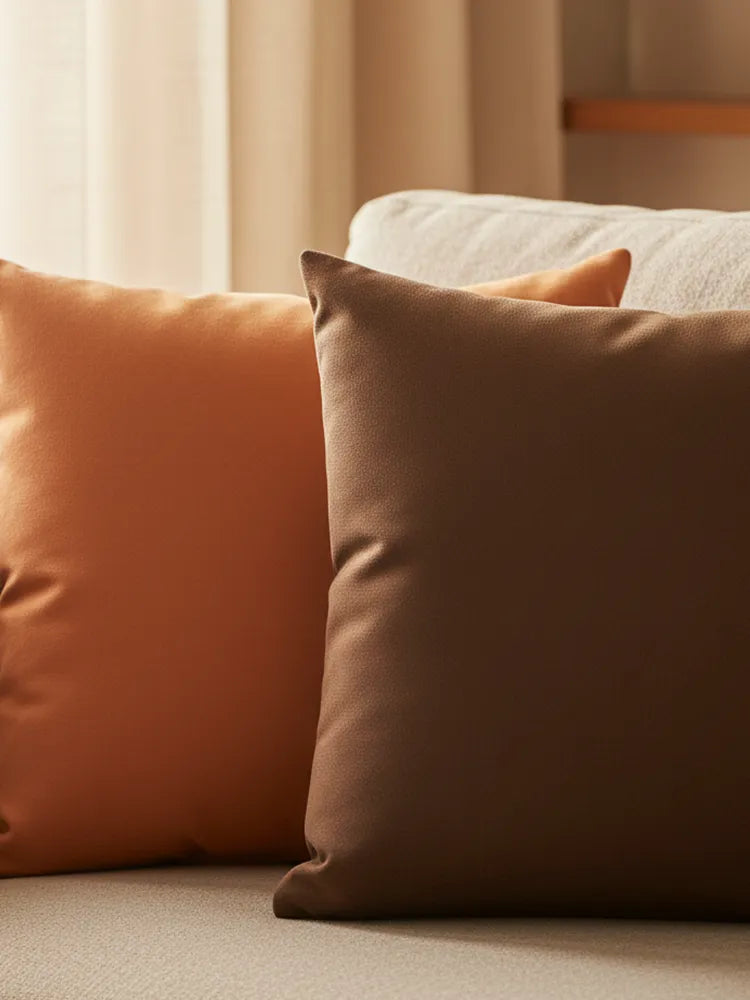 Dusty orange and saddle brown faux suede throw pillows, warm lifestyle.
