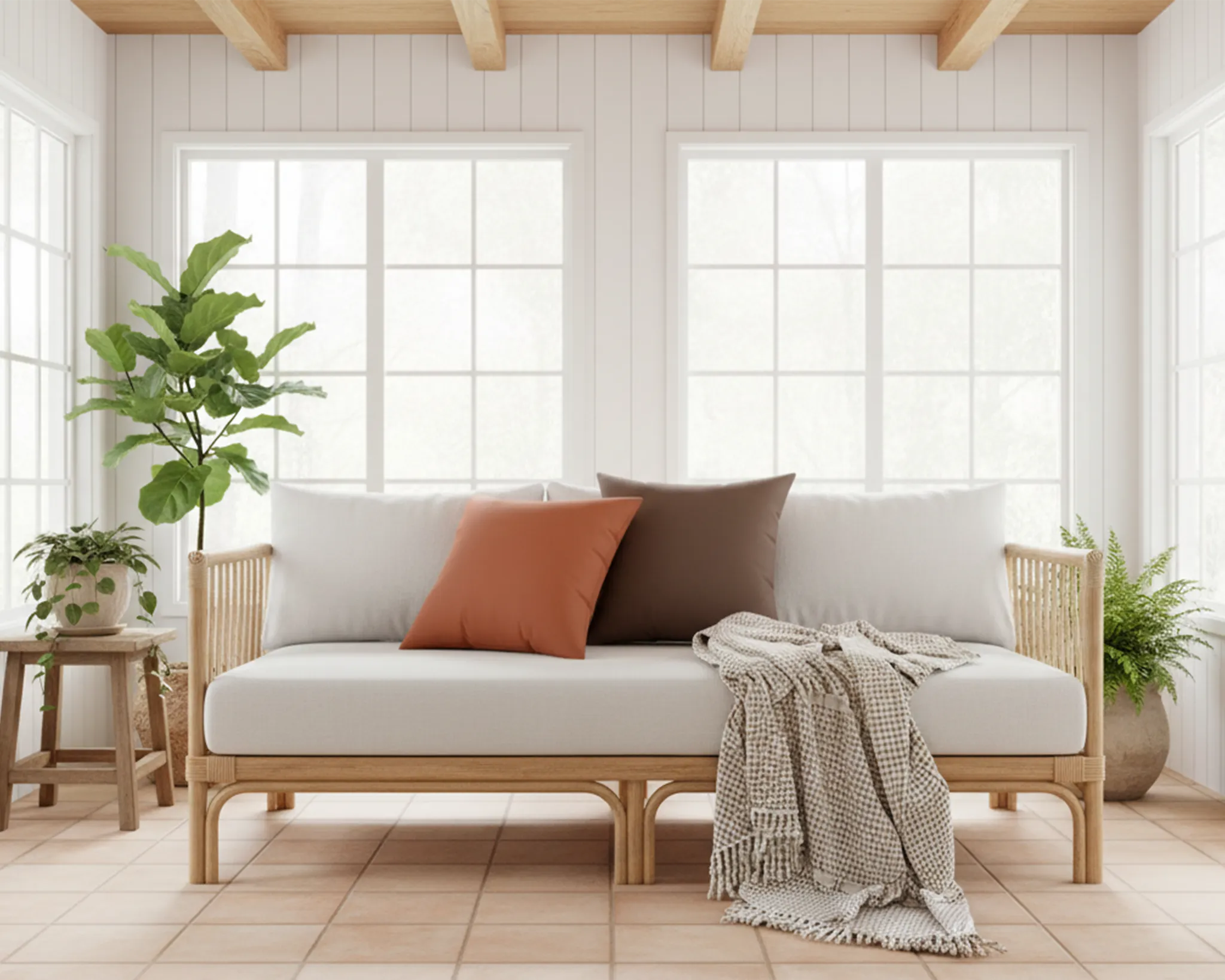 Terracotta and brown throw pillows on white rattan sofa with woven blanket, boho farmhouse sunroom lifestyle view.