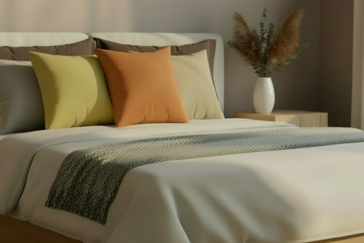 Earthy solstice bedroom image with Dull Gold Yellow, Roman Earth, and Natural Jute pillows
