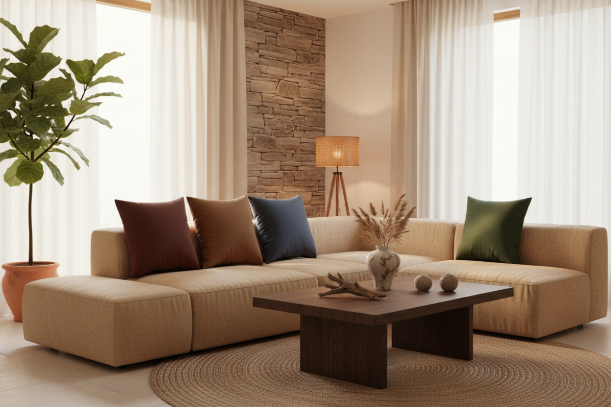 Earthy solstice lifestyle image with Bloodstone Red, Saddle Brown, Rugged Blue, and Stromboli Green pillows