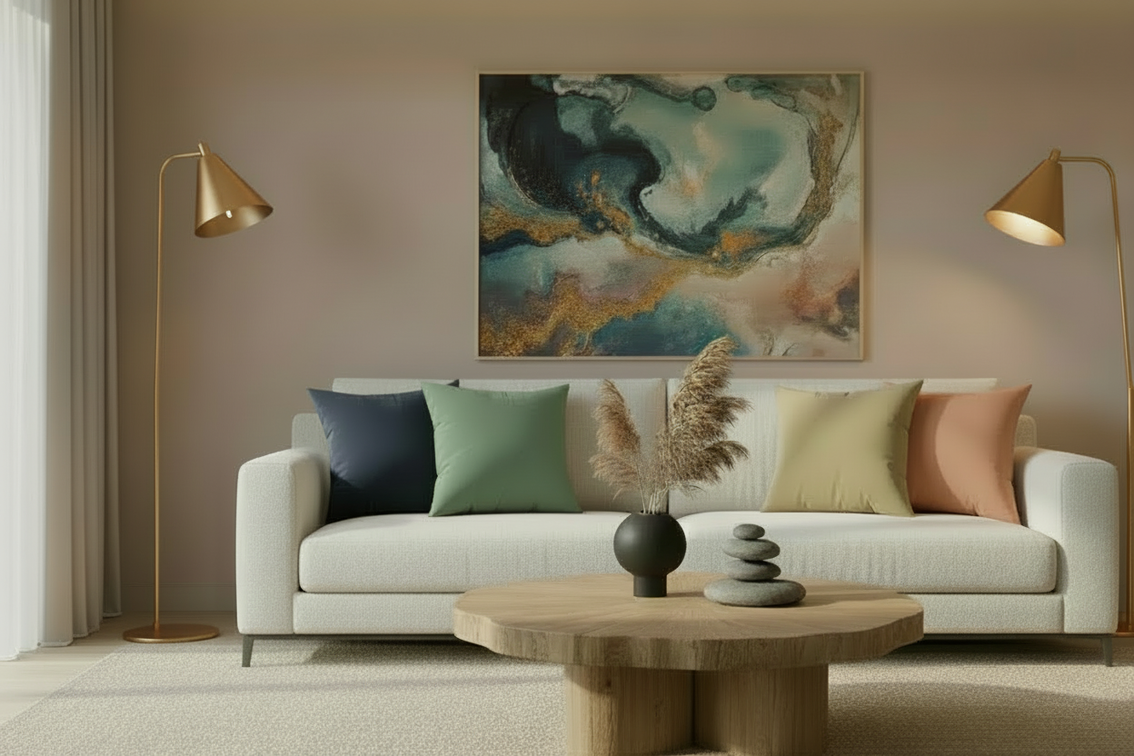Earthy solstice lifestyle image with Navy Dust, Green Dust, Ash Mustard, and Vintage Salmon pillows