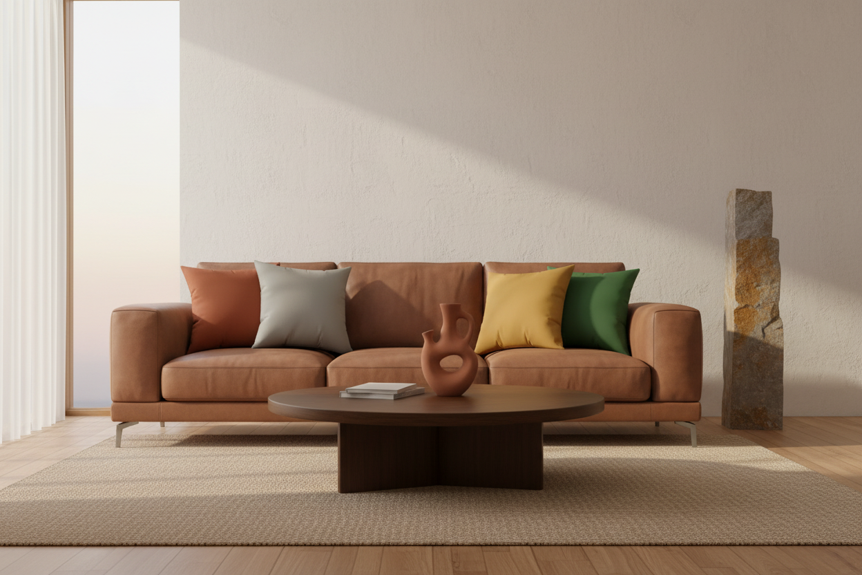 Earthy solstice lifestyle image with Paarl Rust, Mughal Green, Stardust Grey, and Gold Ochre pillows with peaceful lighting