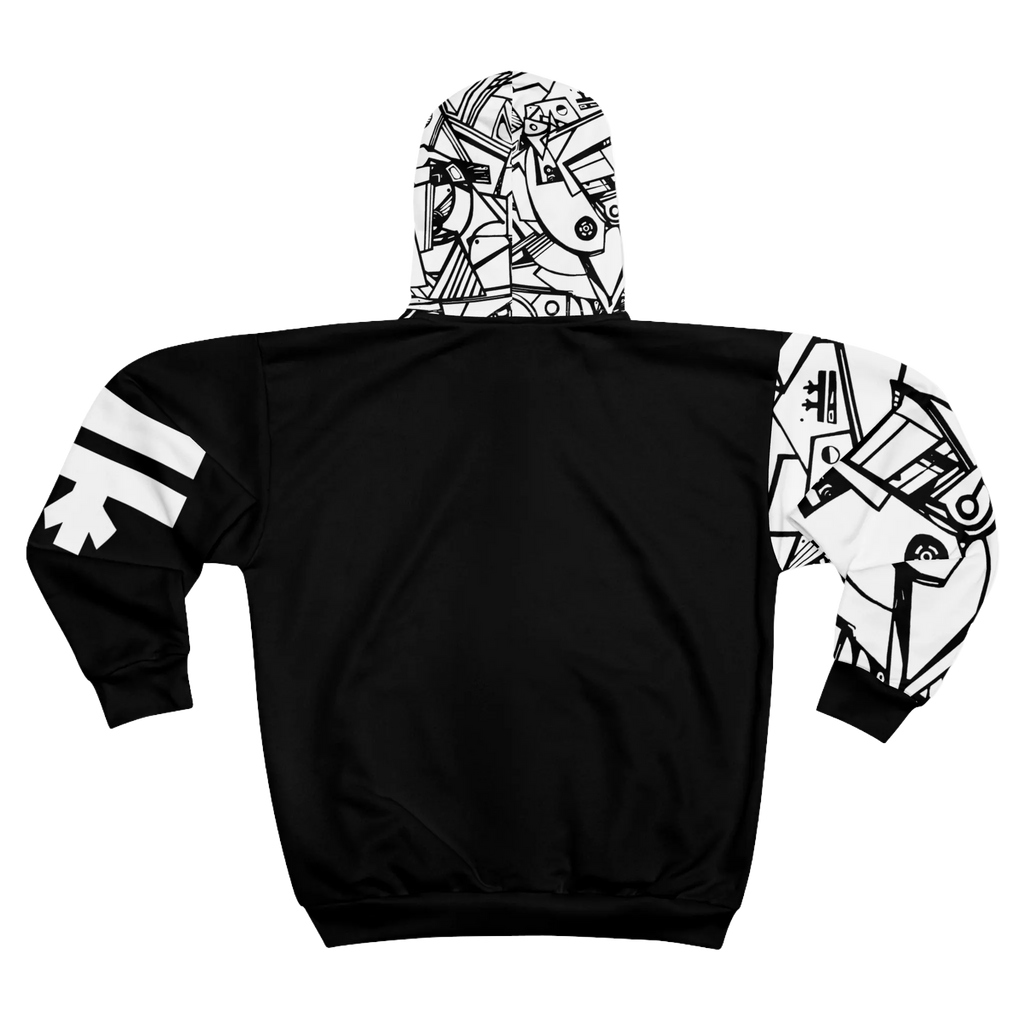 Black zip-up hoodie with a solid black back, black-and-white geometric artwork on the hood and one sleeve, and a white logo on the opposite sleeve, back view.