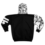 Black zip-up hoodie with a solid black back, black-and-white geometric artwork on the hood and one sleeve, and a white logo on the opposite sleeve, back view.