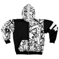 Black zip-up hoodie with black-and-white geometric artwork on one front panel, the opposite sleeve, hood and front pockets, plus a white sleeve logo, front view.