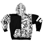 Black zip-up hoodie with black-and-white geometric artwork on one front panel, the opposite sleeve, hood and front pockets, plus a white sleeve logo, front view.