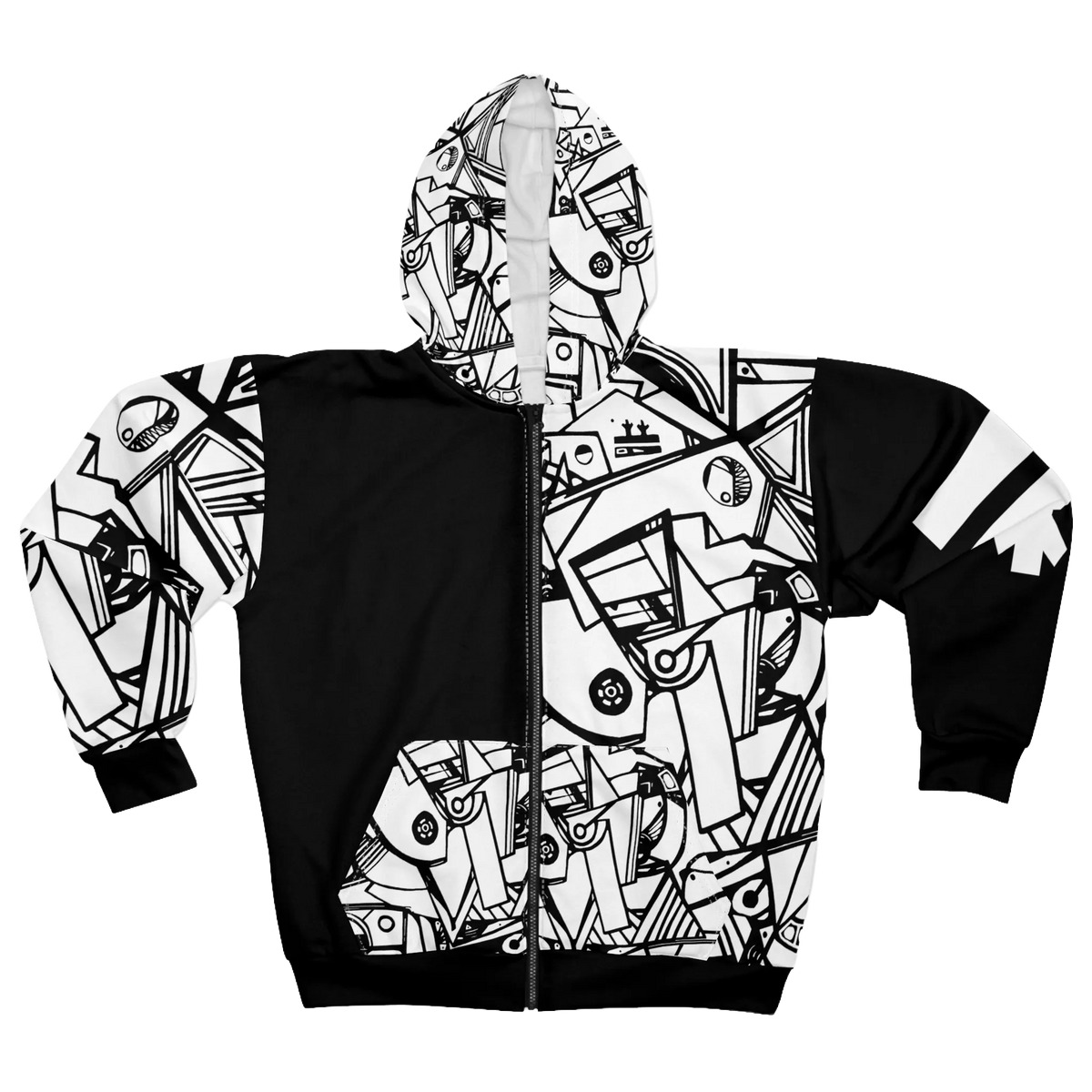 Black zip-up hoodie with black-and-white geometric artwork on one front panel, the opposite sleeve, hood and front pockets, plus a white sleeve logo, front view.