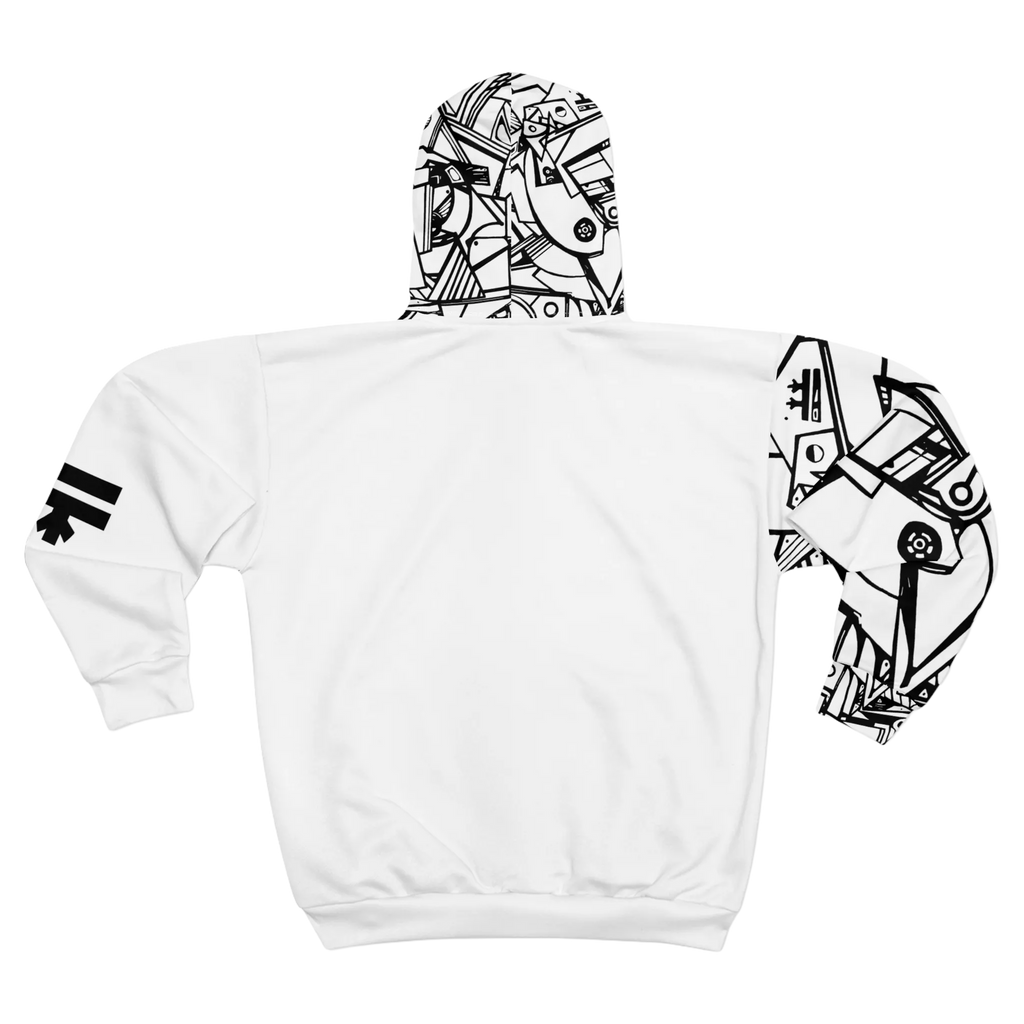 White hoodie with the black and white line abstract FREEBRD "Eciptic” design on the right sleeve, hood and a black FREEBRD logo on the left sleeve. 