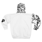 White hoodie with the black and white line abstract FREEBRD "Eciptic” design on the right sleeve, hood and a black FREEBRD logo on the left sleeve. 