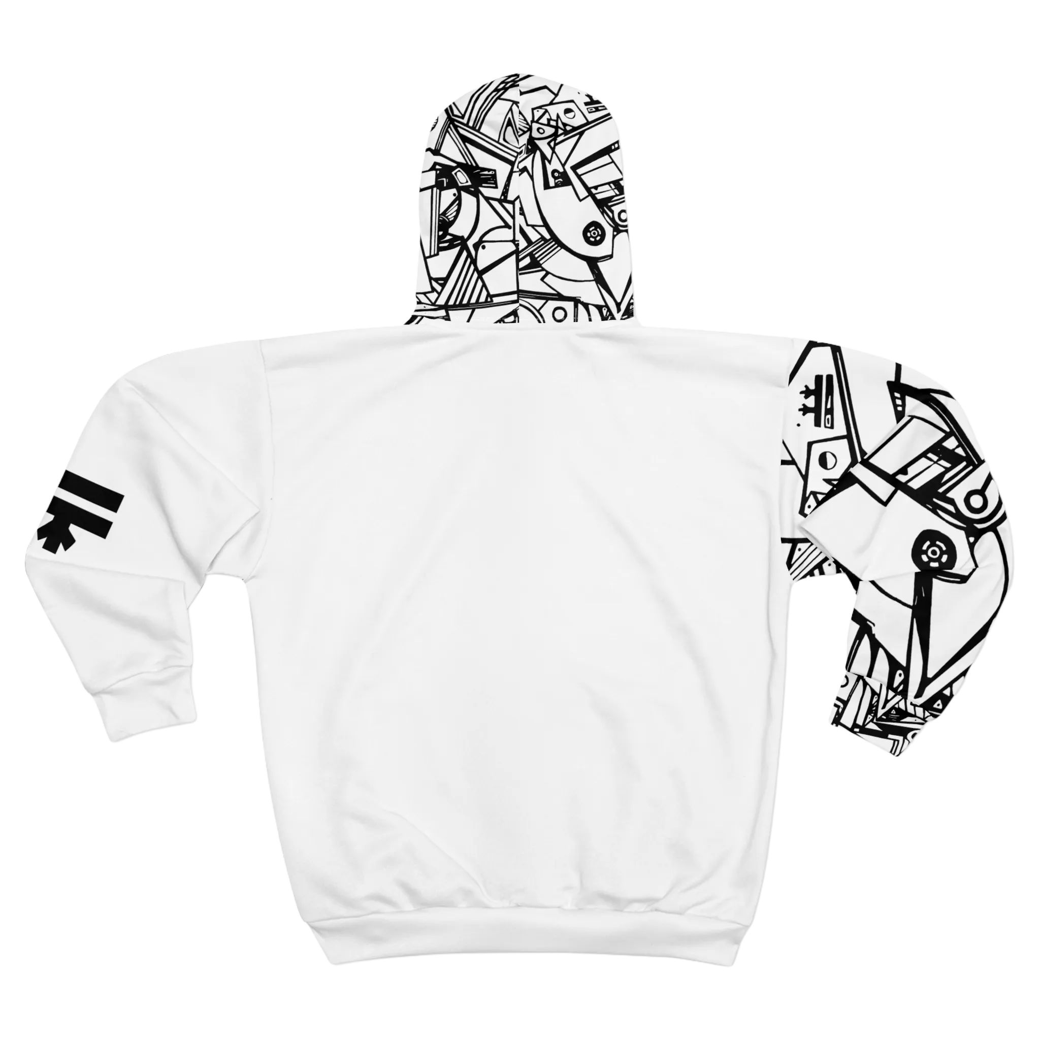 White hoodie with the black and white line abstract FREEBRD "Eciptic” design on the right sleeve, hood and a black FREEBRD logo on the left sleeve. 