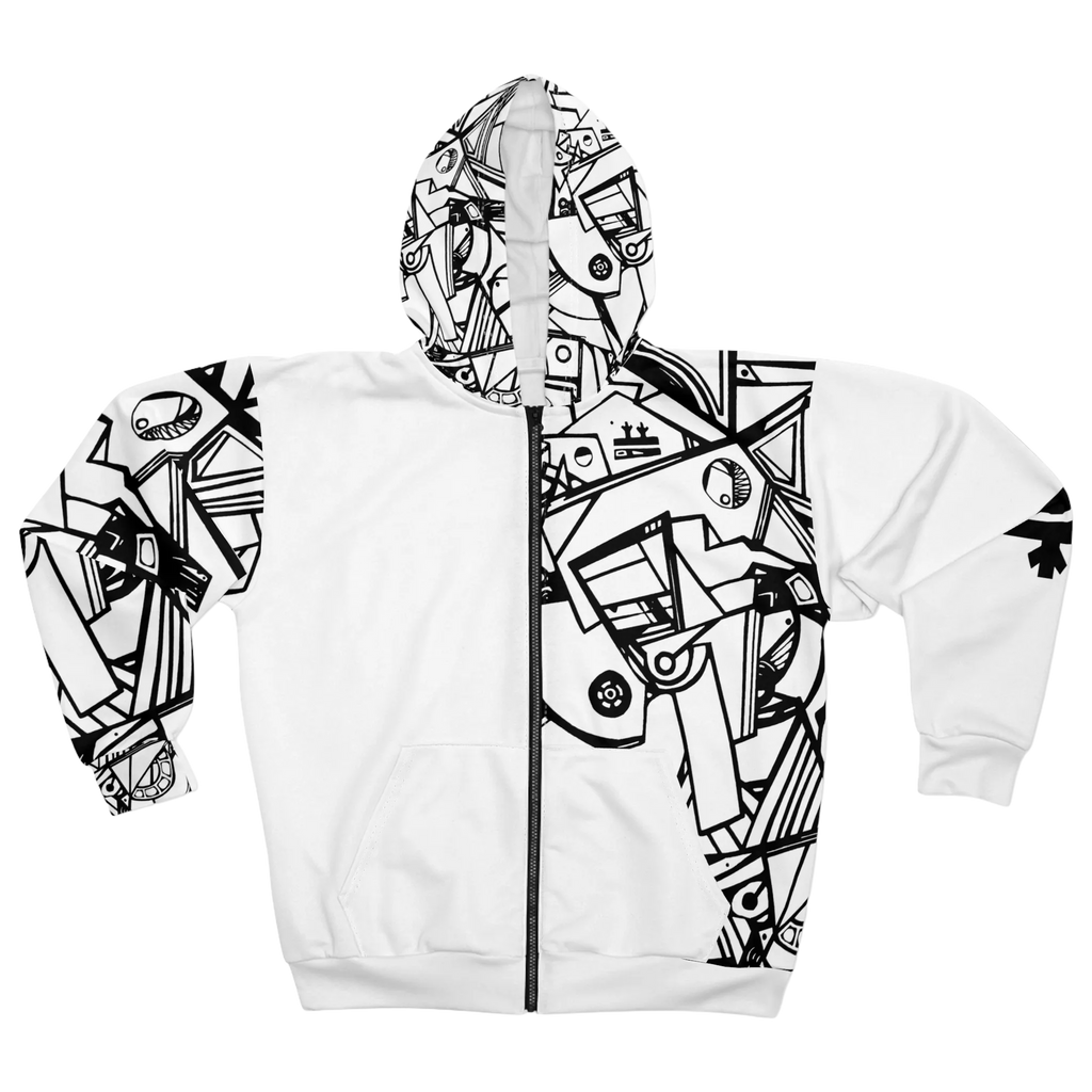 White hoodie with the black and white line abstract FREEBRD "Eciptic” design on the right sleeve, left side of the hoodie and hood, with a black FREEBRD logo on the left sleeve.