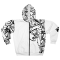 White hoodie with the black and white line abstract FREEBRD "Eciptic” design on the right sleeve, left side of the hoodie and hood, with a black FREEBRD logo on the left sleeve.