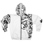 White hoodie with the black and white line abstract FREEBRD "Eciptic” design on the right sleeve, left side of the hoodie and hood, with a black FREEBRD logo on the left sleeve.
