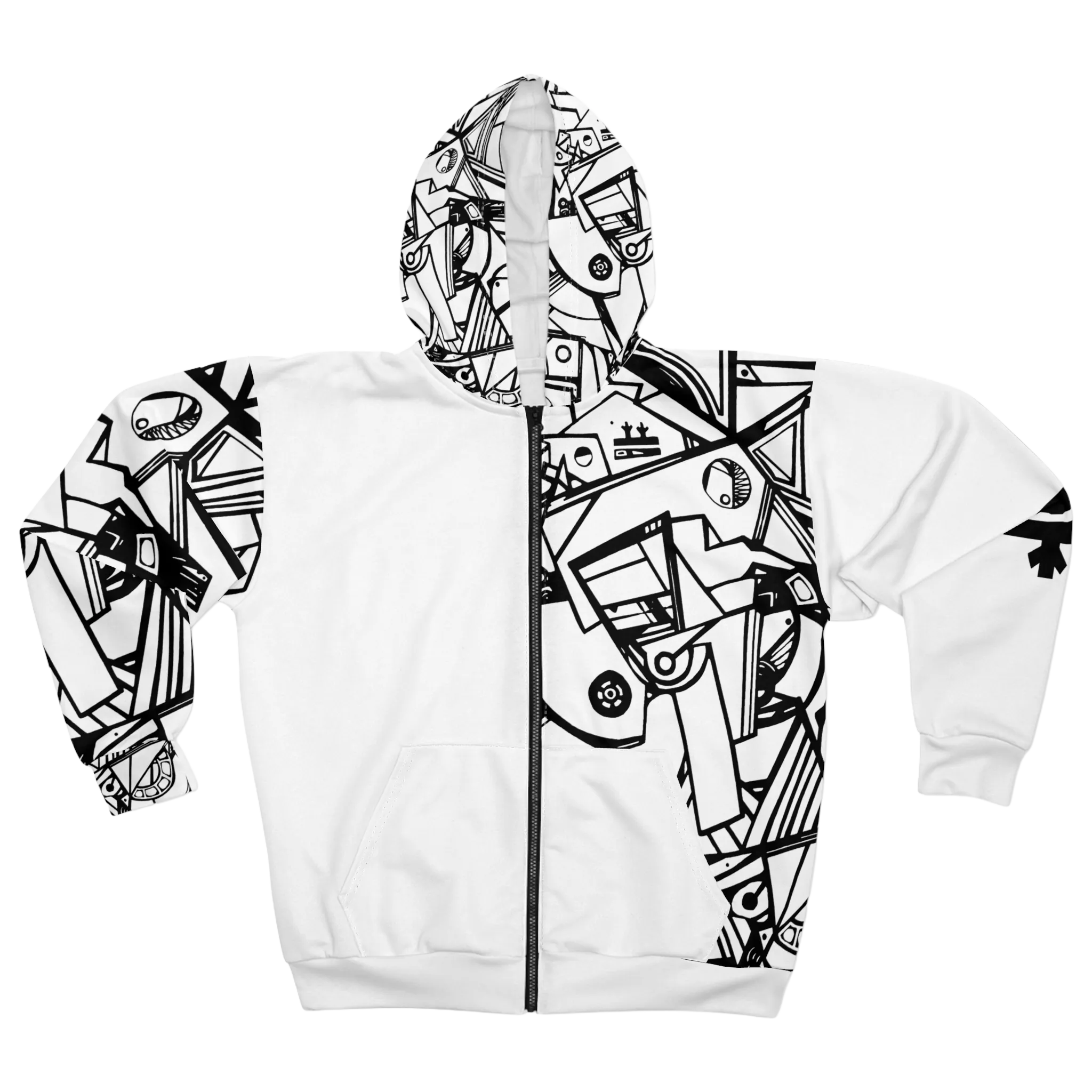 White hoodie with the black and white line abstract FREEBRD "Eciptic” design on the right sleeve, left side of the hoodie and hood, with a black FREEBRD logo on the left sleeve.