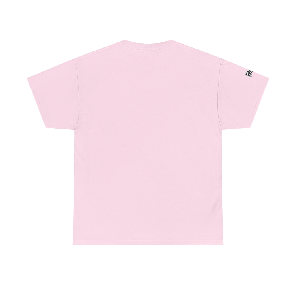 Graphic heart t-shirt with script sleeve detail, Light Pink, back view on form.