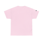 Graphic heart t-shirt with script sleeve detail, Light Pink, back view on form.