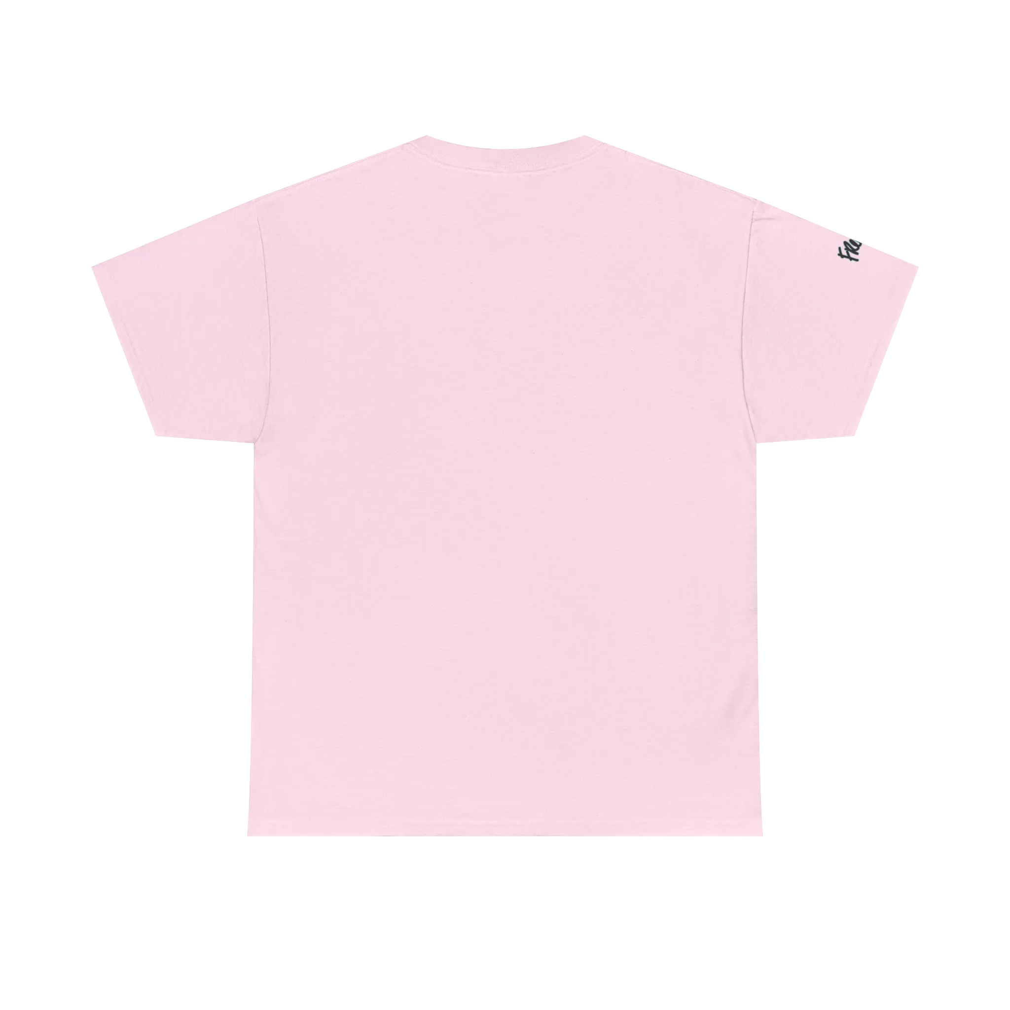 Graphic heart t-shirt with script sleeve detail, Light Pink, back view on form.