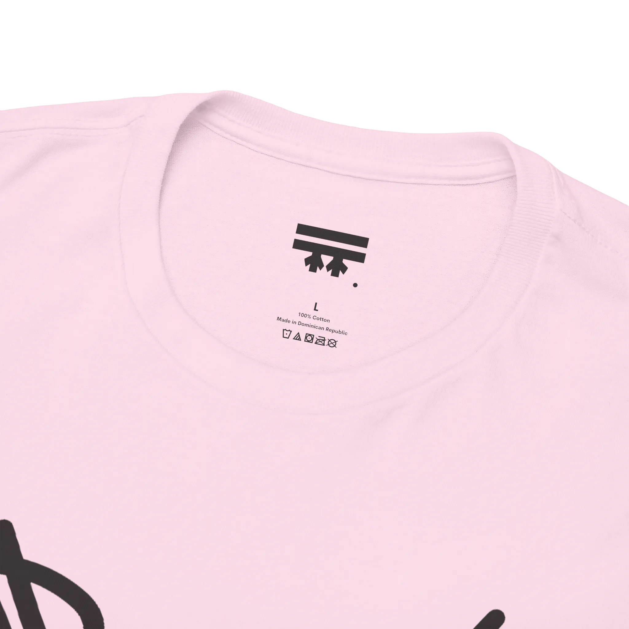 Graphic heart t-shirt inner neck label showing 100% cotton, Light Pink, collar detail.