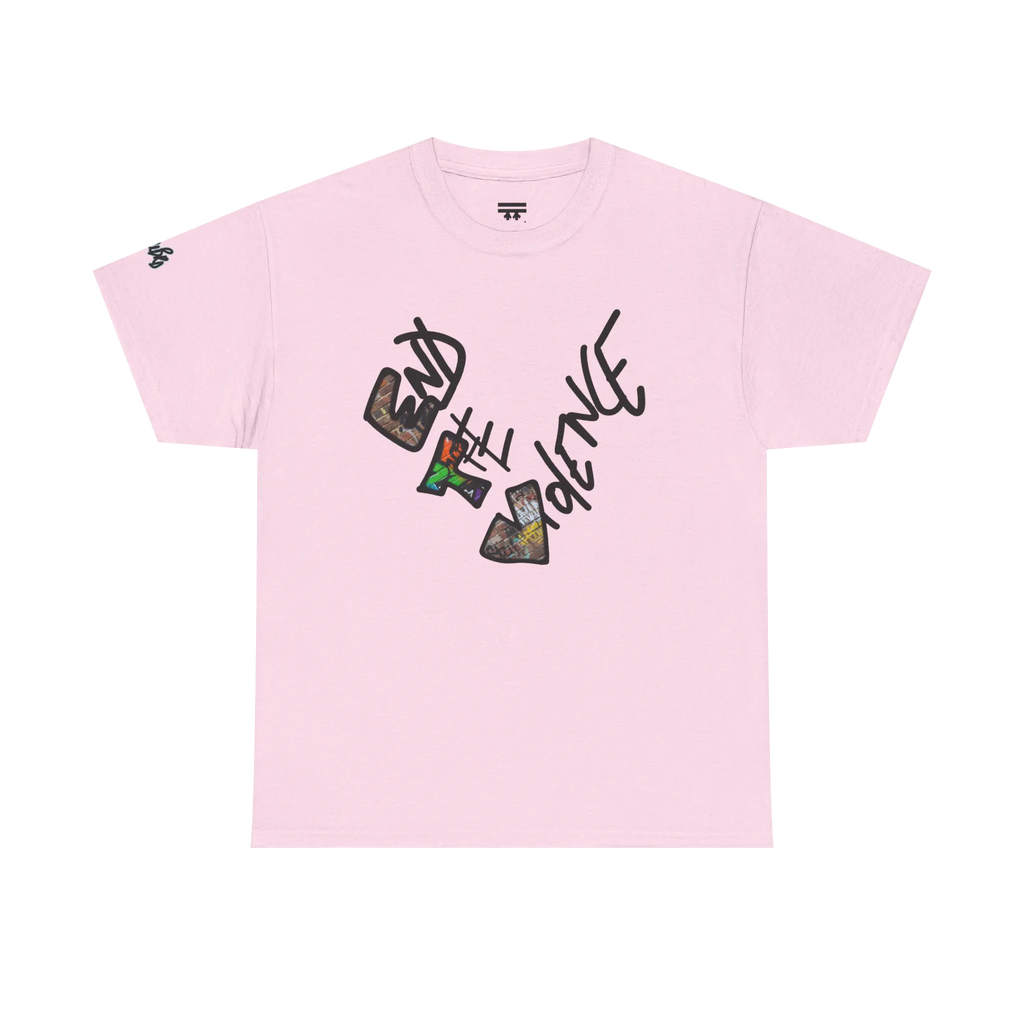 Graphic heart t-shirt with graffiti-style "End the Violence" hand-drawn text and mixed-media art, Light Pink, front view on form.