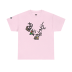 Graphic heart t-shirt with graffiti-style "End the Violence" hand-drawn text and mixed-media art, Light Pink, front view on form.