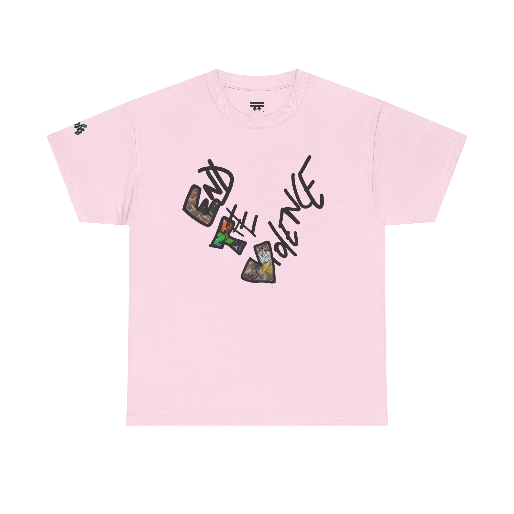 Graphic heart t-shirt with graffiti-style "End the Violence" hand-drawn text and mixed-media art, Light Pink, front view on form.